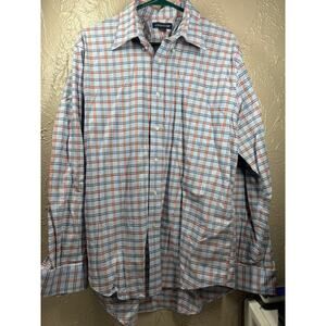 Lands' End Mens Long Sleeve Button Up Dress Shirt Blue Red Plaid Cotton Sz 16-35